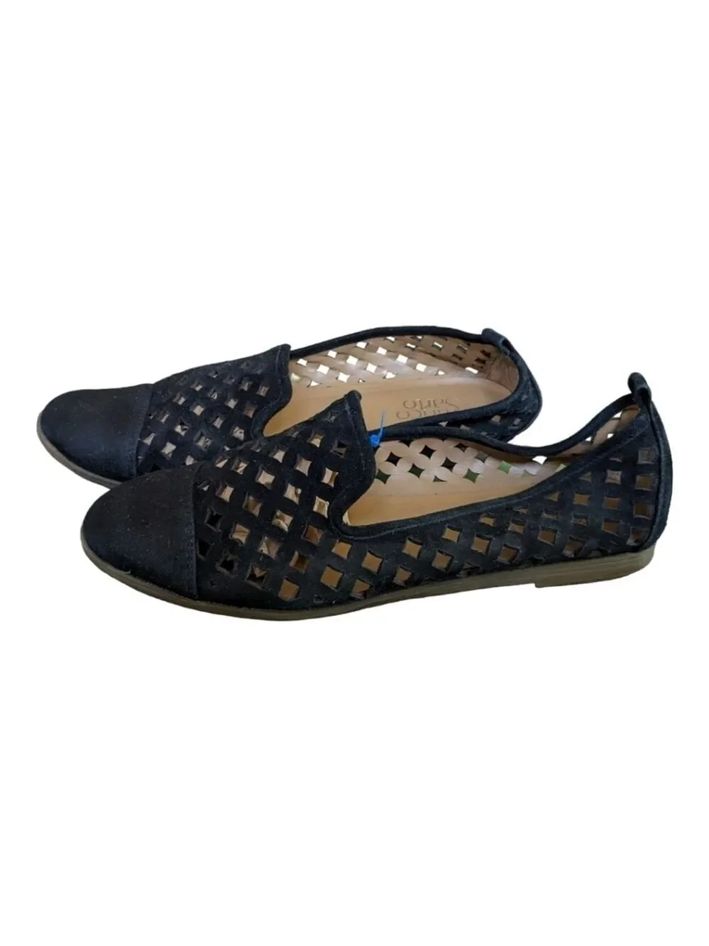 Franco Sarto Famous Black Flat Perforated Suede Loafers,size 8.5